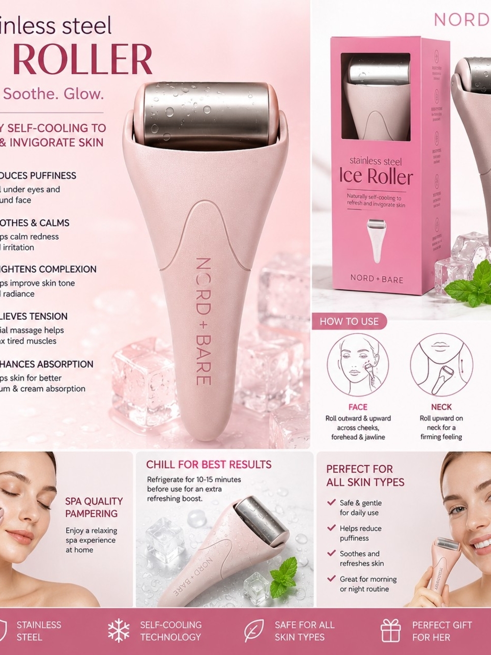 Pink Stainless Steel Ice Roller - Cooling Facial Roller